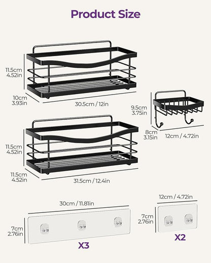 ODesign Shower Caddy 3 Pack-Shower Organizer Shelves Rack Rustproof SUS304 Stainless Steel for Bathroom Storage&Kitchen-No Drilling Adhesive Shower Caddy Shelf with 4 Hooks Suction Cup-Black