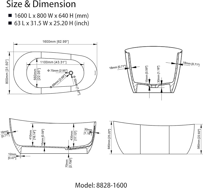 Cpingao 63" Stone Resin Solid Surface Freestanding Bathtub, Modern Stand Alone Soaking Tub with Overflow and Pop Up Drain, One-Piece Molding Matte White 8828-1600