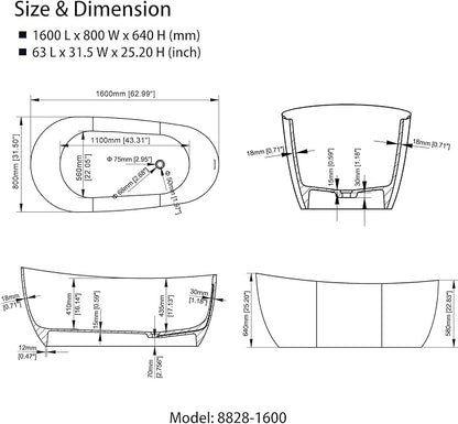 Cpingao 63" Stone Resin Solid Surface Freestanding Bathtub, Modern Stand Alone Soaking Tub with Overflow and Pop Up Drain, One-Piece Molding Matte White 8828-1600