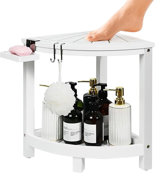 Ollieroo 2-Tier Bamboo Corner Shower Stool for Shaving Legs, Waterproof Bench with Storage Shelf and Soap Dish, Non-Slip Foot Rest (White)