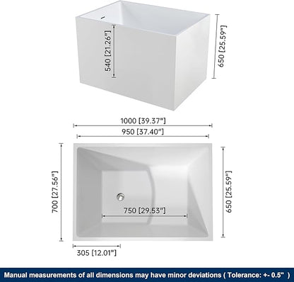 39" Acrylic Freestanding Bathtubs, Stand Alone Tub, Japanese Soaking Tub for Bathroom, Integrated Overflow and Drain, cUPC Certified, Gloss White