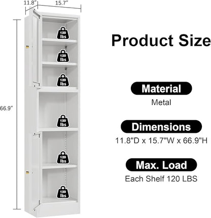 Narrow Glass Door Storage Cabinet Tall Metal Storage Cbinets with 4 Adjustable Shelves Freestanding 5 Tier Slim Pantry Cabinet for Kitchen Office Small Space