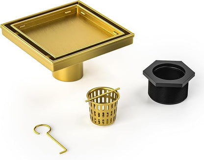 Square Shower Drain 6", Brushed Gold Floor Drain with Tiled Insert Grate & Hair Strainer, 304 Stainless Steel Bathroom 2-in-1 Tiled in Drain, CUPC Certified (Brushed Gold, 6'')