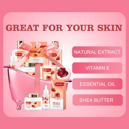 Spa Kit for Women, Bath & Body Gift Set, Luxury Home Spa Bath Gift Basket, Strawberry Scented Bath Set Christmas Gifts for Women, Pamper Gifts for Girls & Teens, Birthday Gift, Bath Self Care Gift