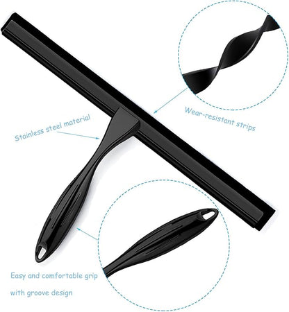 Shower Squeegee for Glass Doors, 12 Inches Bathroom Squeegee with Spare Silicone Blade, Shower Door Hook and Adhesive Hook, Stainless Steel Bathroom Squeegee for Mirror Window (12in-Black-1 Pack)