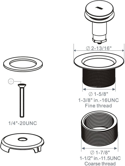 Chrome Bathtub Drain Tip-Toe Single Hole, Hidrop Tub Drain Trim Set Conversion Kit Assembly, Coarse Thread Replacement Trim Kit with 1-Hole Overflow Faceplate Includes an Adapter, Chrome Plated