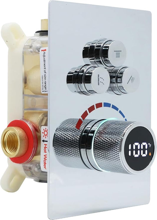 Digital Display Shower Valve Shower Valve 3 Way Shower Diverter Valve Shower Mixing Valve Can Use All the Time Polished Chrome