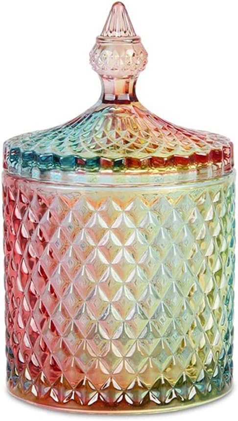 Colorful Home Decorative Jar Qtips Holder Dispenser Glass Storage Container Bathroom Counter Vanity Organizer for Bath Salts/Swabs/Rounds Makeup Sponges Toothpick Jewelry(Rainbow, 20 oz)