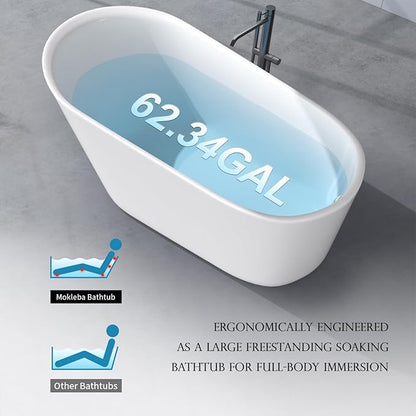 61" Acrylic Freestanding Bathtub, Single Slipper Free Standing Tub, Soaking Tub with Integrated Slotted Overflow, Toe-Tap Chrome Drain, cUPC Certified, Glossy White