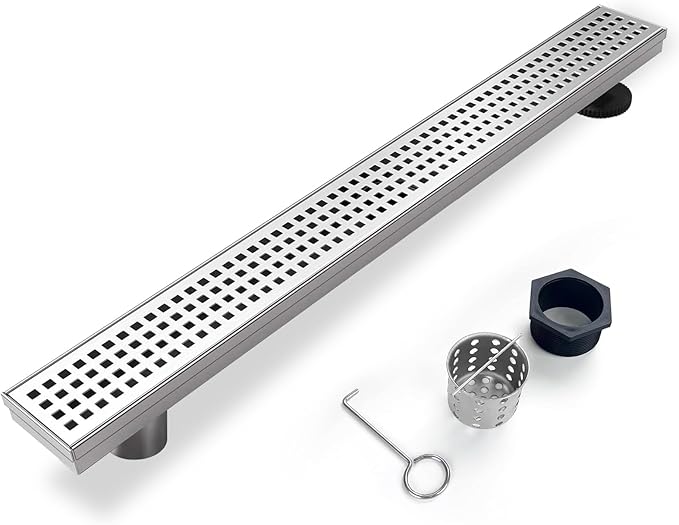 Offset Linear Shower Drain, Shower Drain 32 inch with Removable Grate Cover, Professional AISI 304 Stainless Steel Side Outlet Shower Floor Drain with Hair Catcher and Leveling Feet