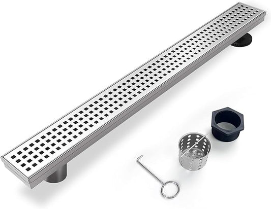Offset Linear Shower Drain, Shower Drain 36 inch with Removable Grate Cover, Professional AISI 304 Stainless Steel Side Outlet Shower Floor Drain with Hair Catcher and Leveling Feet