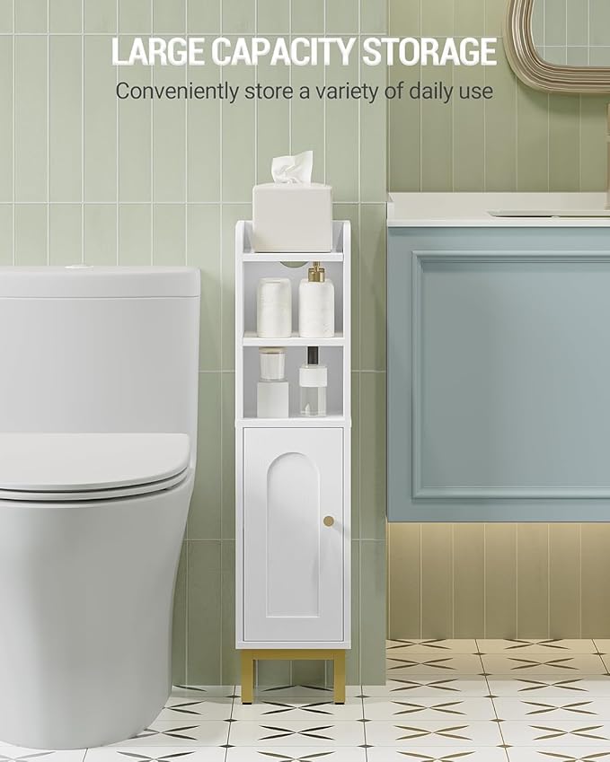 Bathroom Storage Cabinet, Small Corner Floor Cabinet with Door and Shelves, Narrow Toilet Paper Holder, Bathroom Organizer with Adjustable Shelf, for Small Spaces, White BC08203X