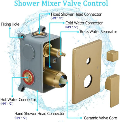 Rain Shower System 12 Inch Ultra Large Shower Head High Pressure Brushed Gold Surface Dual Function Shower Vavle Trim Kit
