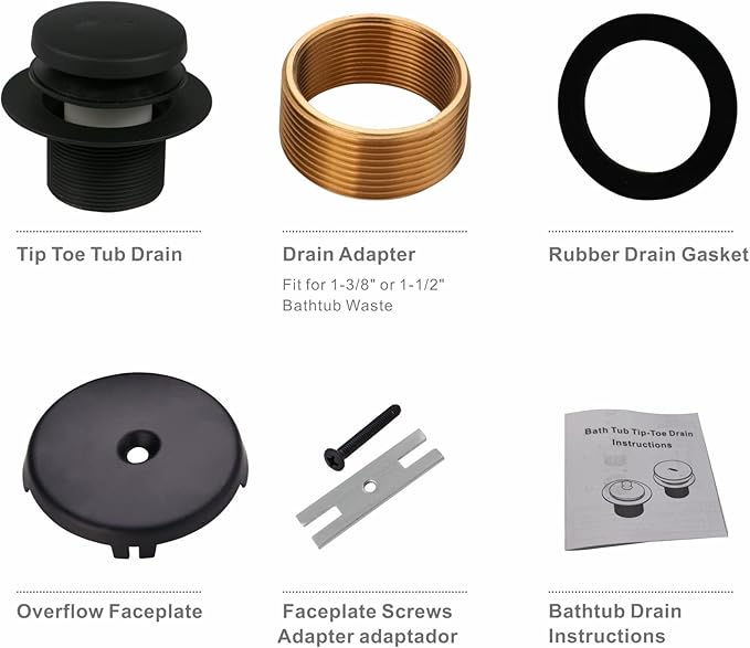Tub Drain Black Tip Toe Bathtub Drain Conversion Kit Assembly, Replacement Bath Drain Trim Kit with Single Hole Overflow Faceplate and Fine/Coarse Thread, Matte Black