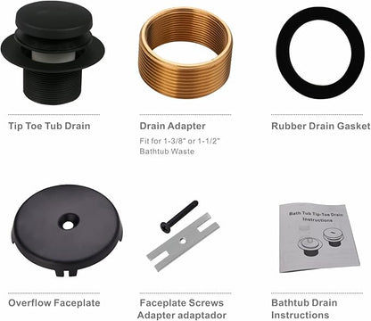 Tub Drain Black Tip Toe Bathtub Drain Conversion Kit Assembly, Replacement Bath Drain Trim Kit with Single Hole Overflow Faceplate and Fine/Coarse Thread, Matte Black