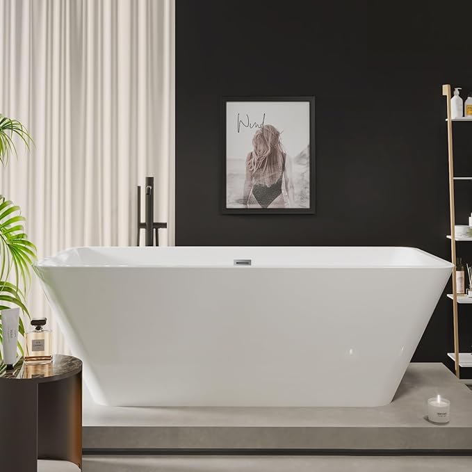 59" Freestanding Bathtub, Acrylic Soaking Tub, Chrome Overflow & Drain, Easy Installation for Modern Bathroom, White