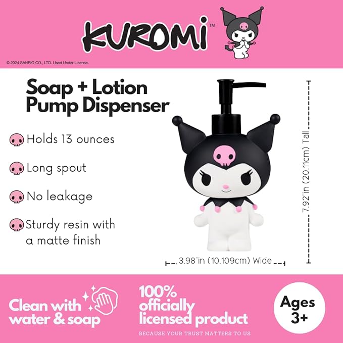 Sanrio Kuromi Soap/Lotion/Hand Sanitizer Resin Pump Dispenser, 13 Ounces, (Officially Licensed Product) by Franco Collectibles