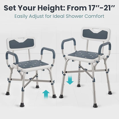 Shower Chair for Elderly and Disabled (450lb) with Padded Armrests and Back, Adjustable Height Shower Seat, Heavy Duty Shower Chairs for Inside Shower, Handicap - Teal
