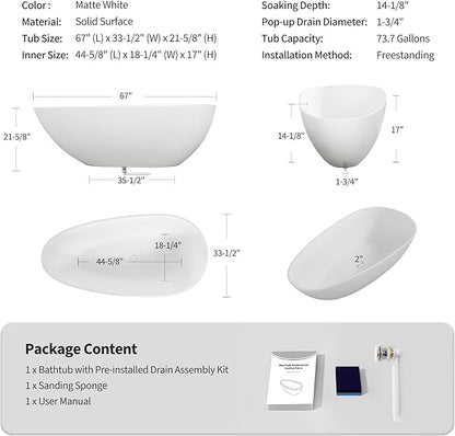 Abruzzo 67“ Solid Surface Freestanding Bathtub, Egg Shell Shaped Stone Resin Freestanding Tubs, Contemporary Oval Soaking Tubwith Overflow in Matte White, cUPC Certified