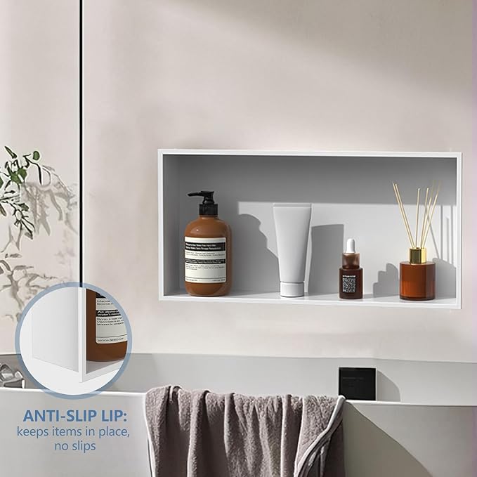 Homevacious 24" X 12" X 4" Stainless Steel Shower Niche No Tile Needed White Bathroom Shelf Rimless Recessed Wall Niche for Bathroom Storage