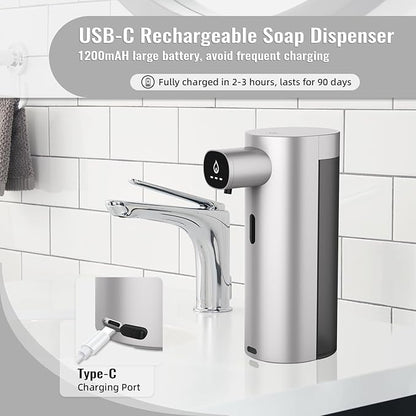 Automatic Liquid Soap Dispenser Touchless, USB Rechargeable Smart Hand Soap Dispenser, 13.5oz/400ml, 3-Level Adjustable, Compatible with Thick Thin Dish Soap for Bathroom Kitchen, Clog-Free, Silver