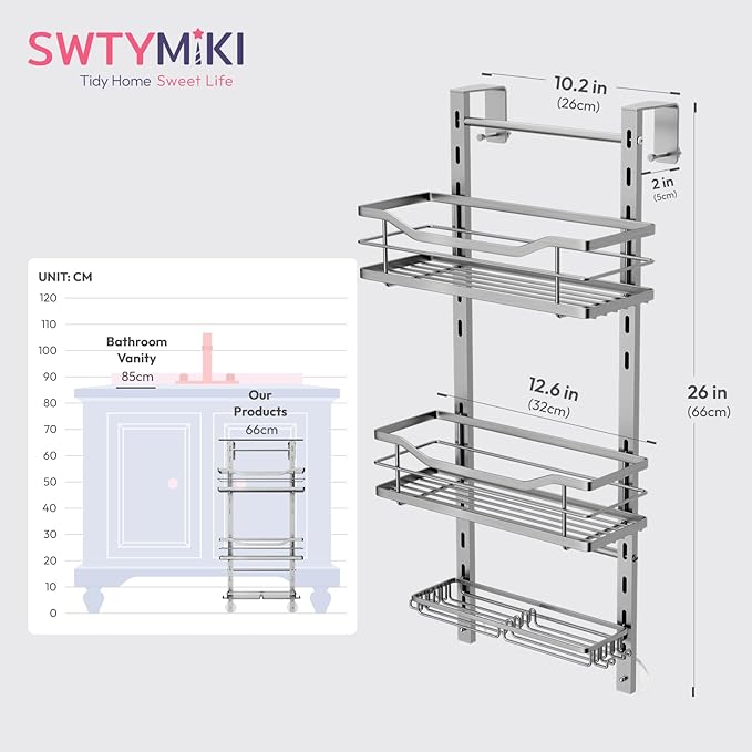 SWTYMIKI Over the Door Shower Caddy - 3 Tier Adjustable Shower Organizer Hanging with Soap Holder, No Drilling Stainless Steel Bathroom Rack Hanging for Body Wash, Shampoo, Soap, Razor, Silver