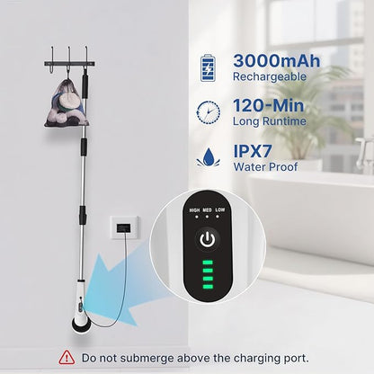 8 in 1 Electric Spin Scrubber for Cleaning Bathroom, 3000mAh Power Scrubber Cordless Cleaner with Long Handle, 3 Speeds Bathtub House Clean Brush Deep Cleaning for Tile, Shower, Wall, Floor