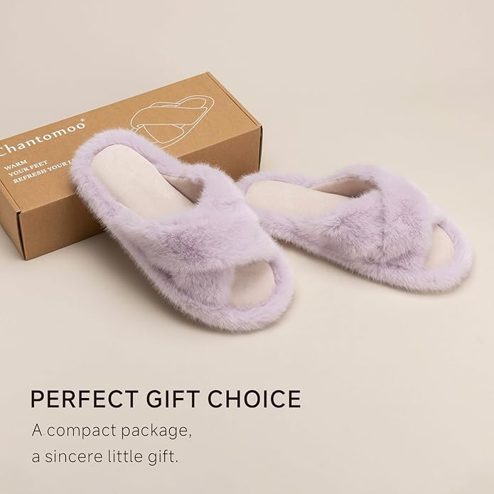 Chantomoo Womens Slippers Memory Foam Fuzzy Cross Band Faux Fur Slippers for Women Gift