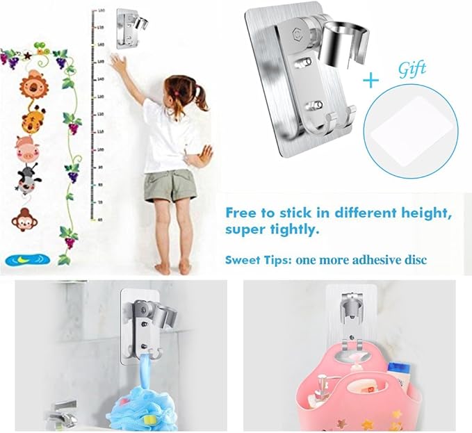 Strong Adhesive Shower Head Holder CACASO Adjustable Shower Wand Holder,Handheld Shower Head Wall Mount Bracket with 2 Hanger Hooks,Showerhead &Bidet Sprayer Bracket Better Than Suction Cups