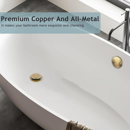 Tip-Toe Bathtub Drain Kit with Two-Hole Overflow Plate, Premium Quality Bath Tub Drain Replacement, Universal Fine/Coarse Thread Bathtub Stopper (Brushed Gold)