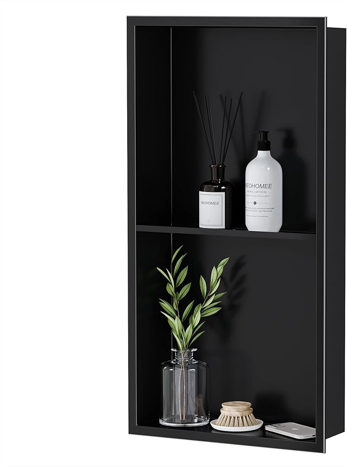 Neodrain No Tile Shower Niche, Stainless Steel Wall Niche 13.1"X25.1"(Inner Size 12"X24"), Two-Tier Bathroom Shelf, NO Tile Needed Recessed Cabinet for Bathroom Storage, Matte Black