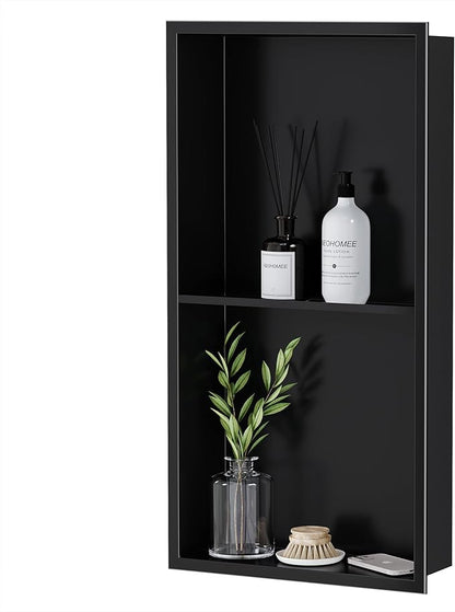 Neodrain No Tile Shower Niche, Stainless Steel Wall Niche 13.1"X25.1"(Inner Size 12"X24"), Two-Tier Bathroom Shelf, NO Tile Needed Recessed Cabinet for Bathroom Storage, Matte Black