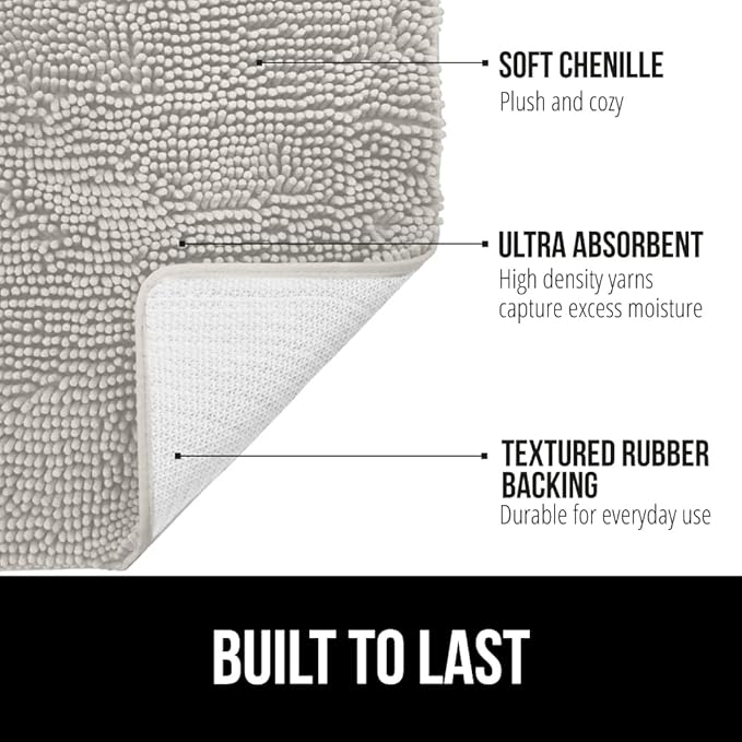 GORILLA GRIP Bath Rug Mat 70x24, Soft Absorbent Chenille, Quick Dry Microfiber Mats, Rubber Backing Washable Shower Floor Rugs, Bathmat Runner, US Designed Bathroom Home Decor Accessories Light Gray