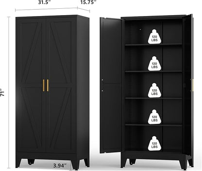 Metal Kitchen Pantry Cabinet,71" Black Farmhouse Storage Cabinet with 2 Vintage Barn Doors and 4 Adjustable Shelves, Rustic Freestanding Cupboard for Kitchen,Home Office Living Room,Dining Room
