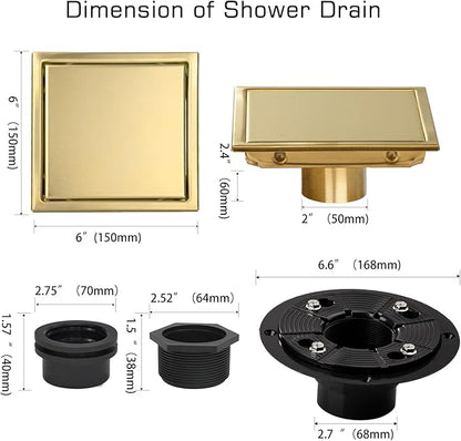 Square Shower Drain, Gold Shower Drain 6 inch with Flange and 2 in 1 Tile-Insert Cover, AISI 304 Stainless Steel Gold Shower Floor Drain with Hair Catcher and Flange