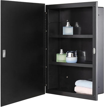 Black Plastic Bathroom Medicine Mirror Cabinet Beveled Edge, 16 x 20 inch, Surface and Recessed Mount