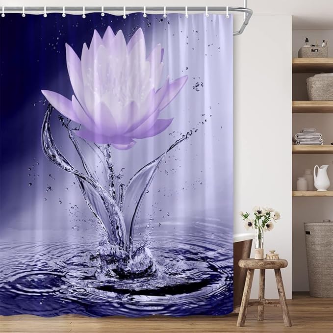 Lotus Shower Curtain Black White Violet Flower Elegant Blooming Floral with Dew Spring Flower Reflection on Water Modern Romantic Polyester Fabric Bathroom Decor 86×70 Inch with Hook