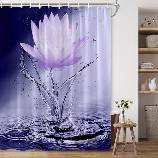 Lotus Shower Curtain Black White Violet Flower Elegant Blooming Floral with Dew Spring Flower Reflection on Water Modern Romantic Polyester Fabric Bathroom Decor 108×70 Inch with Hook
