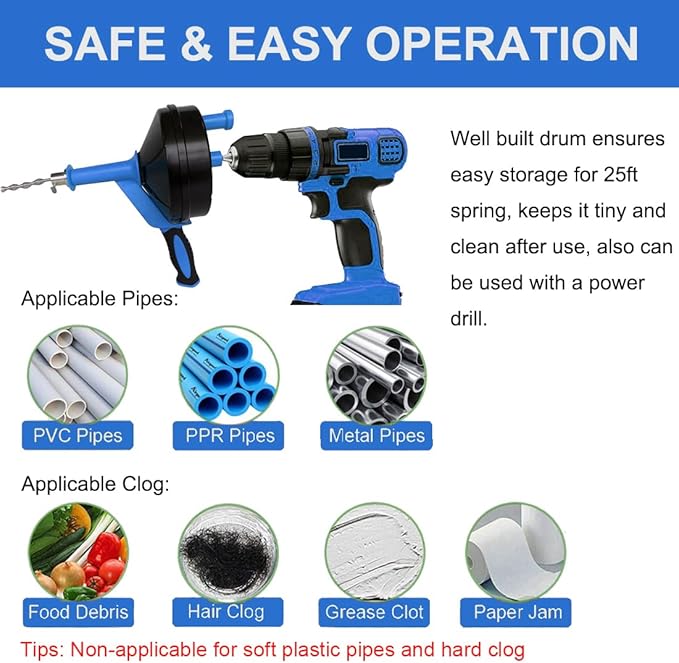 Drain Auger, Clog Remover with Drill Adapter, 25 Feet Flexible Plumbing Snake Use Manually or Powered for Kitchen, Bathroom and Shower Sink, Comes with Gloves (blue)