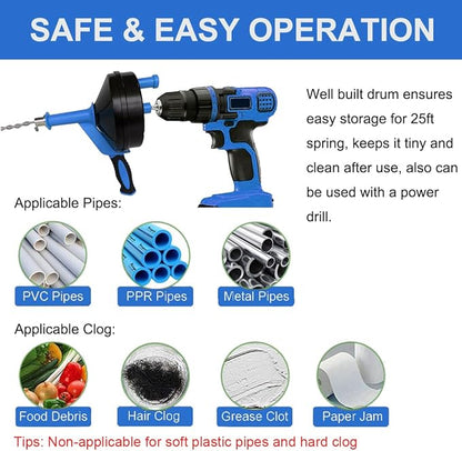 Drain Auger, Clog Remover with Drill Adapter, 25 Feet Flexible Plumbing Snake Use Manually or Powered for Kitchen, Bathroom and Shower Sink, Comes with Gloves (blue)