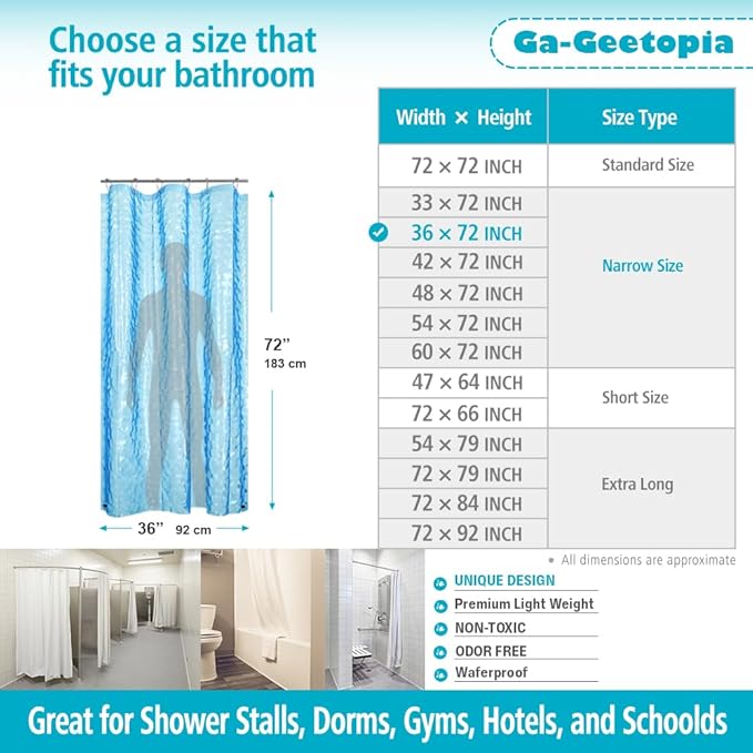 Ga-Geetopia Narrow Size Blue Pearl 3D EVA Stall Shower Curtain Liner, 36x72 Inch Light Weight Plastic Bathroom Shower Curtain with Rustproof Metal Grommets, Magnets for Small Shower Stall, Bathtubs