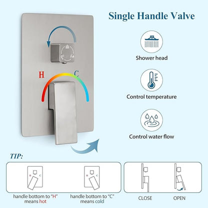 10 inch Square Shower Head and Handheld Set, Gasecoet Shower System with Tub Spout Wall Mounted Shower Faucet for Bathroom - Brushed Nickel (With Shower Valve)