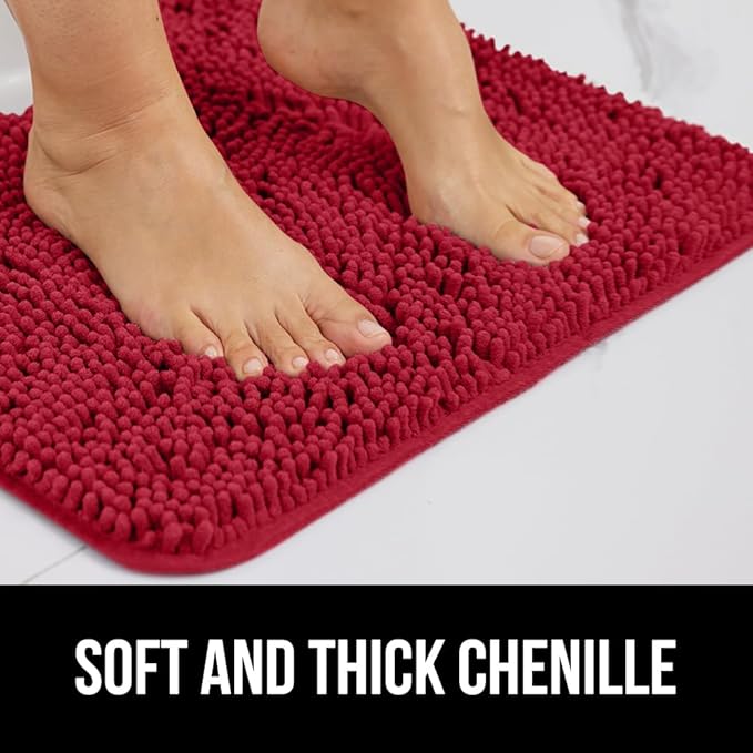 GORILLA GRIP Plush Absorbent Shaggy Chenille Bath Rug Mat for Oval Toilet Base with Rubber Backing, Machine Washable Rugs, Soft Microfiber Contour Mats for Toilets, Bathroom Decor, Red