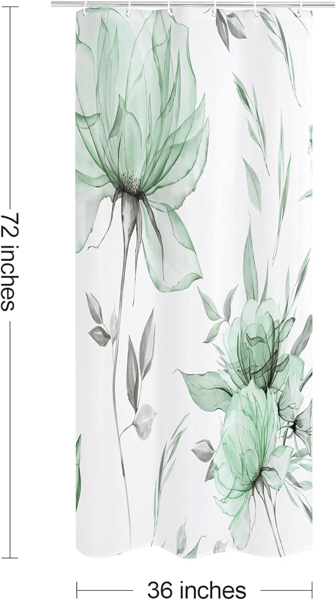 Small Stall Boho Watercolor Floral Shower Curtain 36 x 72, Green and Grey Ink Painting Style Flower Shower Curtains for Chic Elegant Bathroom, Artistic Narrow Half Size Shower Curtain