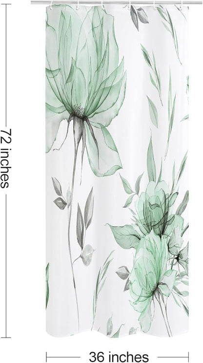 Small Stall Boho Watercolor Floral Shower Curtain 36 x 72, Green and Grey Ink Painting Style Flower Shower Curtains for Chic Elegant Bathroom, Artistic Narrow Half Size Shower Curtain