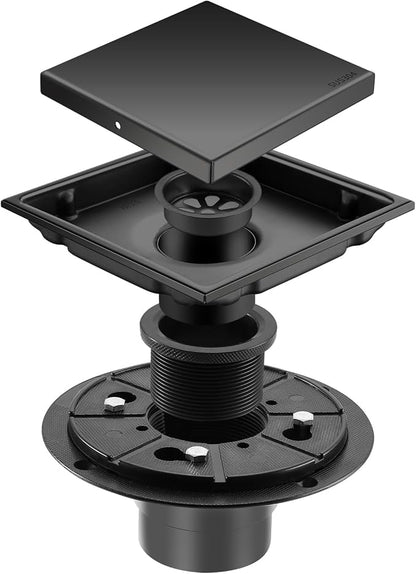 Hidden Brushed Square Shower Floor Drain, Black 6 inch, 304 Stainless Steel, with Flange, Detachable Cover Embedded in Ceramic Tiles