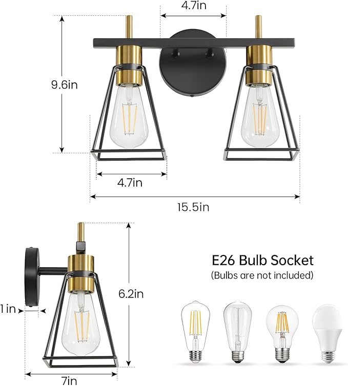 Industrial Bathroom Vanity Lights: 2 Lights Black and Gold Vintage Metal Cage Wall Sconces - Rustic Farmhouse Lightning Fixture Over Mirrors Cabinet for Home Hallway