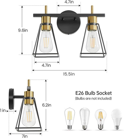 Industrial Bathroom Vanity Lights: 2 Lights Black and Gold Vintage Metal Cage Wall Sconces - Rustic Farmhouse Lightning Fixture Over Mirrors Cabinet for Home Hallway