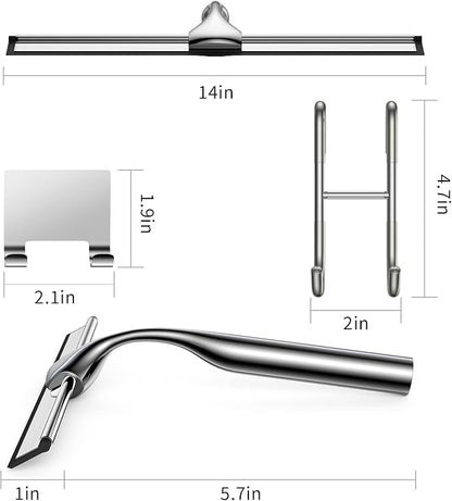 Shower Squeegee Set, Include Shower Door Hook, Adhesive Hook and Spare Silicone Blade, Window Squeegee for Shower Glass Door, Bathroom, Mirror, Window Car Glass 14Inches Silver