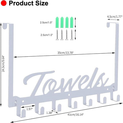 Over The Door Hooks, Towel Rack for Bathroom Towel Holder for Hanging Heavy Duty, Over Door Towel Hanger with 7 Coat Hooks for Bedroom Bathroom Kitchen Towels, Silver